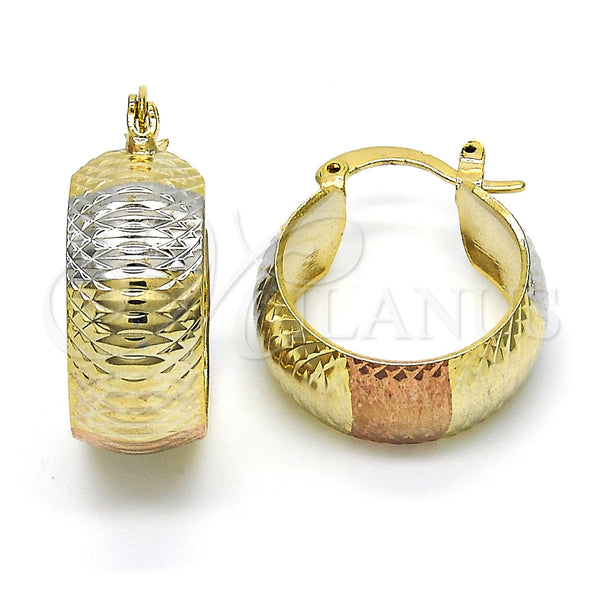 Gold Filled Hoop Earrings — Small Hoop Diamond Cutting Tricolor 02. — main product view — SKU 119104 | Oro Laminado aretes de aro — Small Hoop Diamond Cutting Tricolor 02. — SKU 119104