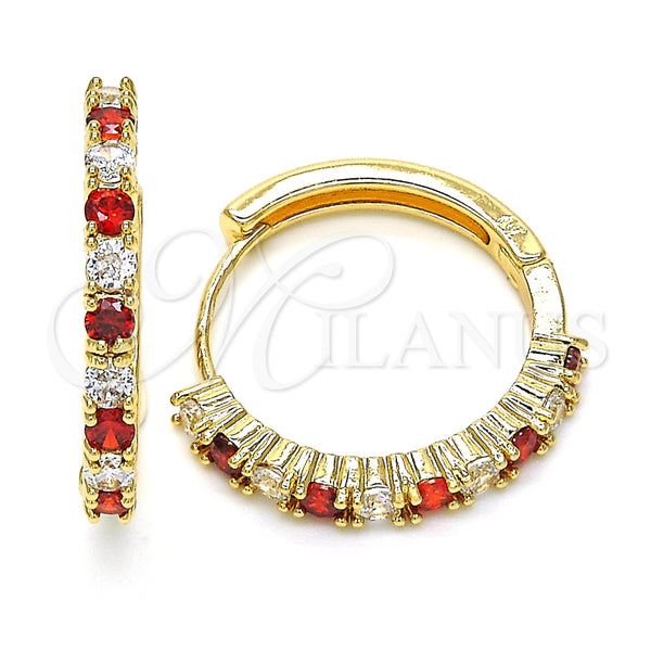 Gold Filled Hoop Earrings — Huggie Hoop with Garnet and White Cubic Zirconia — main product view — SKU 119133 | Oro Laminado aretes de aro — Huggie Hoop with Garnet and blanco Cubic Zirconia — SKU 119133