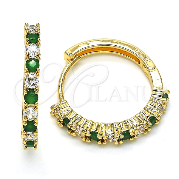 Gold Filled Hoop Earrings — Huggie Hoop with Green and White Cubic Zirconia — main product view — SKU 119134 | Oro Laminado aretes de aro — Huggie Hoop with Green and blanco Cubic Zirconia — SKU 119134