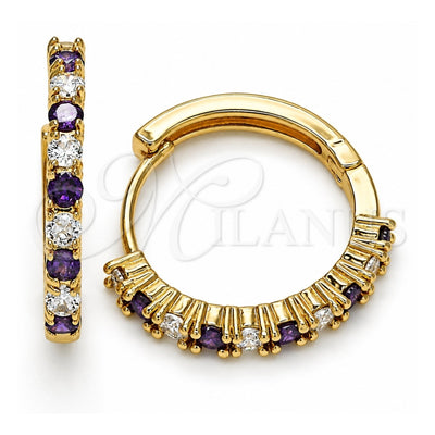 Oro Laminado Huggie Hoop, Gold Filled Style with Amethyst and White Cubic Zirconia, Polished, Golden Finish, 02.210.0095.4.25