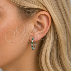 White Gold Filled Hoop Earrings — Huggie Hoop with Green and White Cubic Zirconia — alternate product view — SKU 119140 | Oro Laminado Blanco aretes de aro — Huggie Hoop with Green and blanco Cubic Zirconia — SKU 119140