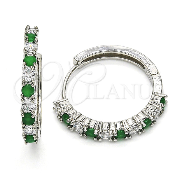 White Gold Filled Hoop Earrings — Huggie Hoop with Green and White Cubic Zirconia — main product view — SKU 119140 | Oro Laminado Blanco aretes de aro — Huggie Hoop with Green and blanco Cubic Zirconia — SKU 119140