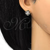 Oro Laminado Stud Earring, Gold Filled Style Heart and Flower Design, with White Cubic Zirconia, Polished, Golden Finish, 02.210.0096