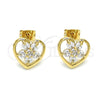 Oro Laminado Stud Earring, Gold Filled Style Heart and Flower Design, with White Cubic Zirconia, Polished, Golden Finish, 02.210.0096