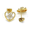 Oro Laminado Stud Earring, Gold Filled Style Heart and Flower Design, with White Cubic Zirconia, Polished, Golden Finish, 02.210.0096