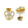Oro Laminado Stud Earring, Gold Filled Style Heart and Flower Design, with White Cubic Zirconia, Polished, Golden Finish, 02.210.0096