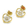 Oro Laminado Stud Earring, Gold Filled Style Heart and Flower Design, with White Cubic Zirconia, Polished, Golden Finish, 02.210.0096
