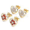 Oro Laminado Stud Earring, Gold Filled Style Heart and Flower Design, with White Cubic Zirconia, Polished, Golden Finish, 02.210.0096