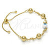 Oro Laminado Adjustable Bolo Bracelet, Gold Filled Style Dolphin and Evil Eye Design, White Enamel Finish, Golden Finish, 03.63.1835.1.10 (01 MM Thickness, 10 Inches Length)