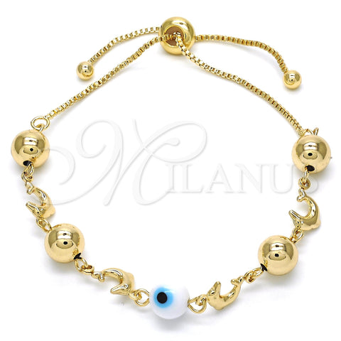 Oro Laminado Adjustable Bolo Bracelet, Gold Filled Style Dolphin and Evil Eye Design, White Enamel Finish, Golden Finish, 03.63.1835.1.10 (01 MM Thickness, 10 Inches Length)