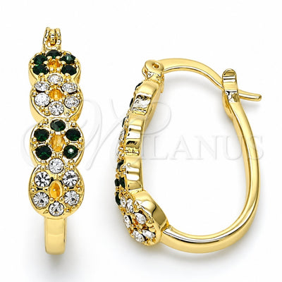 Oro Laminado Small Hoop, Gold Filled Style with Green and White Crystal, Polished, Golden Finish, 02.100.0069.2.15