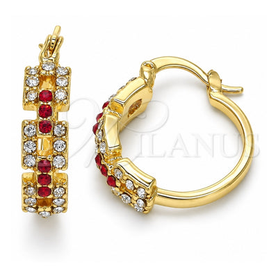 Oro Laminado Small Hoop, Gold Filled Style with Garnet and White Crystal, Polished, Golden Finish, 02.100.0073.1.20