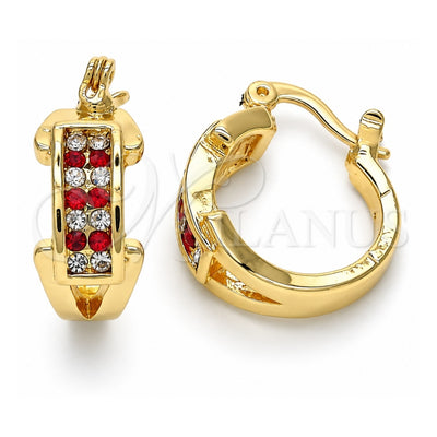Oro Laminado Small Hoop, Gold Filled Style with Garnet and White Crystal, Polished, Golden Finish, 02.100.0074.1.15