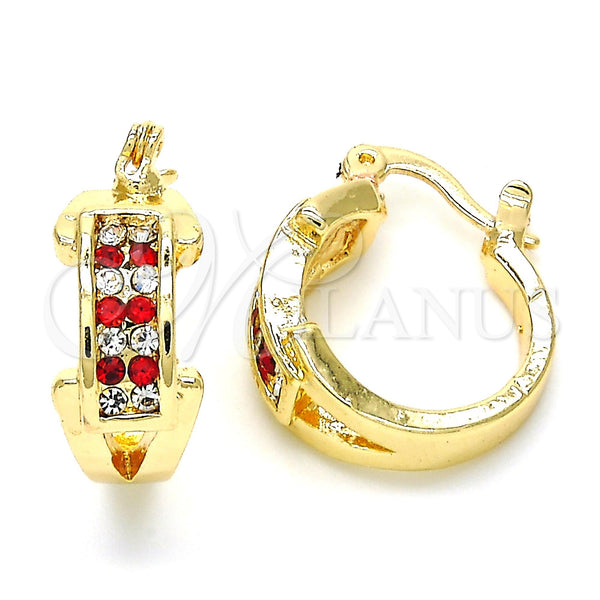 Gold Filled Hoop Earrings — Small Hoop with Garnet and White Crystal Polished — main product view — SKU 119295 | Oro Laminado aretes de aro — Small Hoop with Garnet and cristal blanco pulido — SKU 119295