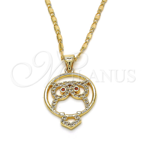 Oro Laminado Pendant Necklace, Gold Filled Style Owl Design, with Garnet and White Cubic Zirconia, Polished, Golden Finish, 04.156.0108.1.20 (02 MM Thickness, 20 Inches Length)