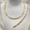 Oro Laminado Necklace and Bracelet, Gold Filled Style Diamond Cutting Finish, Tricolor, 06.102.0004