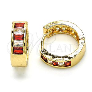Gold Filled Hoop Earrings — Huggie Hoop Baguette Design with Garnet and White — main product view — SKU 119440 | Oro Laminado aretes de aro — Huggie Hoop Baguette diseño with Garnet and blanco — SKU 119440