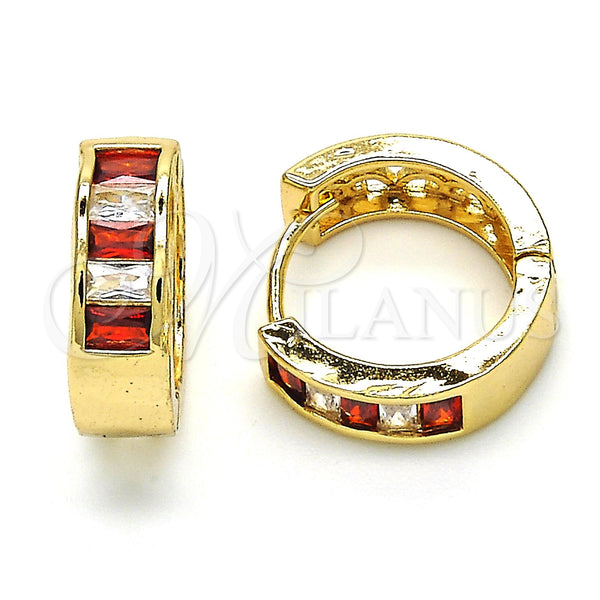 Gold Filled Hoop Earrings — Huggie Hoop Baguette Design with Garnet and White — main product view — SKU 119440 | Oro Laminado aretes de aro — Huggie Hoop Baguette diseño with Garnet and blanco — SKU 119440