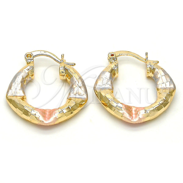 Gold Filled Hoop Earrings — Small Hoop Hollow Design Diamond Cutting Tricolor 02. — main product view — SKU 119491 | Oro Laminado aretes de aro — Small Hoop Hollow diseño Diamond Cutting Tricolor 02. — SKU 119491