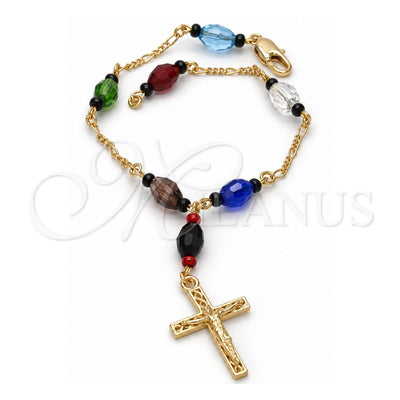 Gold Plated Fancy Bracelet, Crucifix Design, with Black Azavache, Multicolor Resin Finish, Golden Finish, 03.08.0138.1.08 (06 MM Thickness, 8 Inches Length)