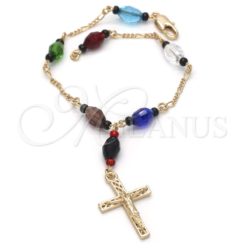 Gold Plated Fancy Bracelet, Crucifix Design, with Black Azavache, Multicolor Resin Finish, Golden Finish, 03.08.0138.1.08 (06 MM Thickness, 8 Inches Length)