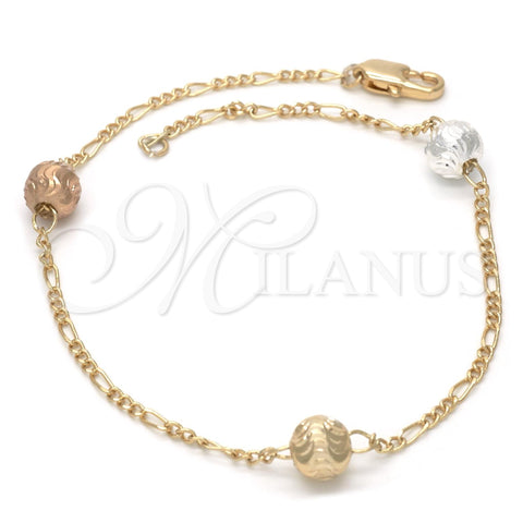 Gold Plated Fancy Bracelet, Ball Design, Diamond Cutting Finish, Tricolor, 03.08.0129.09 (30 MM Thickness, 9 Inches Length)