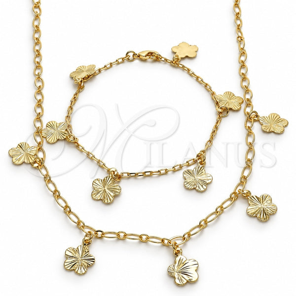 Oro Laminado Necklace and Bracelet, Gold Filled Style Flower Design, Polished, Golden Finish, 06.63.0202