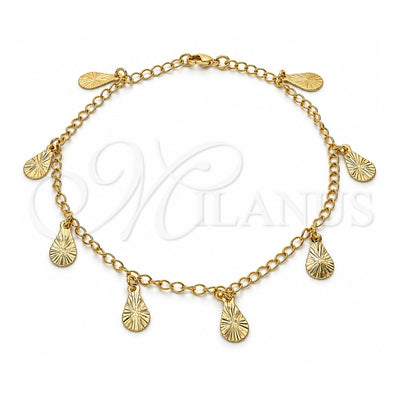 Oro Laminado Charm Anklet , Gold Filled Style Teardrop Design, Polished, Golden Finish, 04.63.1373.10 (03 MM Thickness, 10 Inches Length)