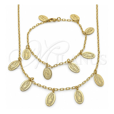 Oro Laminado Necklace and Bracelet, Gold Filled Style Guadalupe Design, Polished, Golden Finish, 06.63.0209