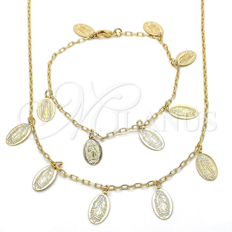 Oro Laminado Necklace and Bracelet, Gold Filled Style Guadalupe Design, Polished, Golden Finish, 06.63.0209