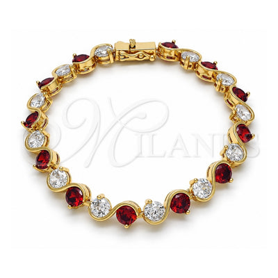 Oro Laminado Tennis Bracelet, Gold Filled Style Box Lock Design, with Garnet and White Cubic Zirconia, Polished, Golden Finish, 03.210.0068.1.08 (07 MM Thickness, 8 Inches Length)