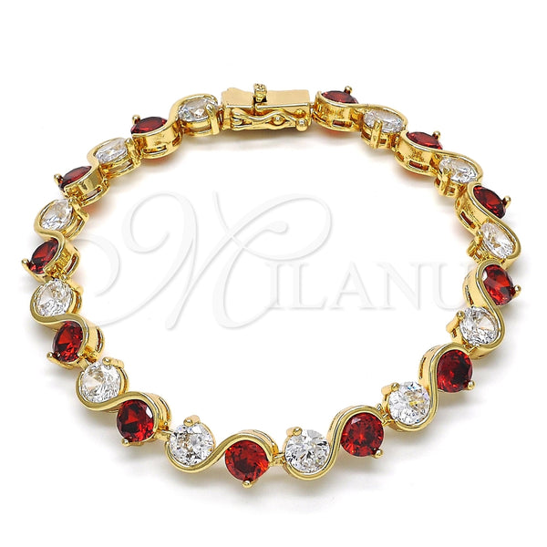 Oro Laminado Tennis Bracelet, Gold Filled Style with Garnet and White Cubic Zirconia, Polished, Golden Finish, 03.210.0068.1.08 (07 MM Thickness, 8 Inches Length)