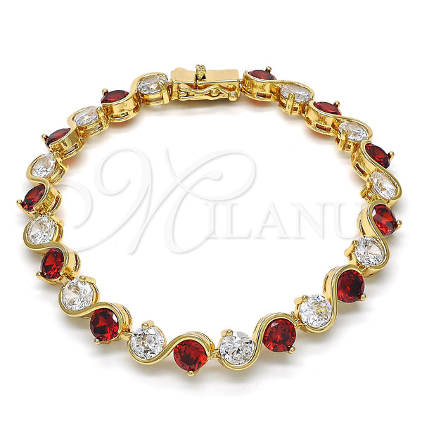 Oro Laminado Tennis Bracelet, Gold Filled Style with Garnet and White Cubic Zirconia, Polished, Golden Finish, 03.210.0068.1.08 (07 MM Thickness, 8 Inches Length)