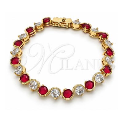 Oro Laminado Tennis Bracelet, Gold Filled Style Box Lock Design, with Ruby and White Cubic Zirconia, Polished, Golden Finish, 03.210.0068.2.08 (07 MM Thickness, 8 Inches Length)