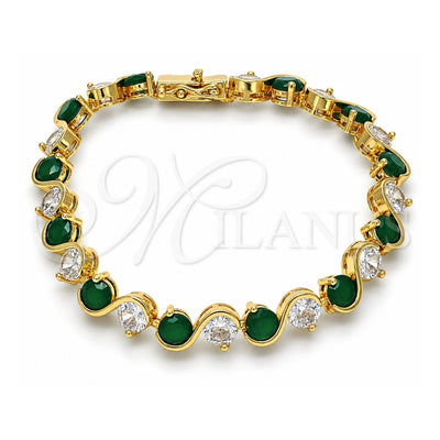 Oro Laminado Tennis Bracelet, Gold Filled Style Box Lock Design, with Green and White Cubic Zirconia, Polished, Golden Finish, 03.210.0068.3.08 (07 MM Thickness, 8 Inches Length)