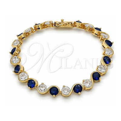 Oro Laminado Tennis Bracelet, Gold Filled Style Box Lock Design, with Sapphire Blue and White Cubic Zirconia, Polished, Golden Finish, 03.210.0068.4.08 (07 MM Thickness, 8 Inches Length)