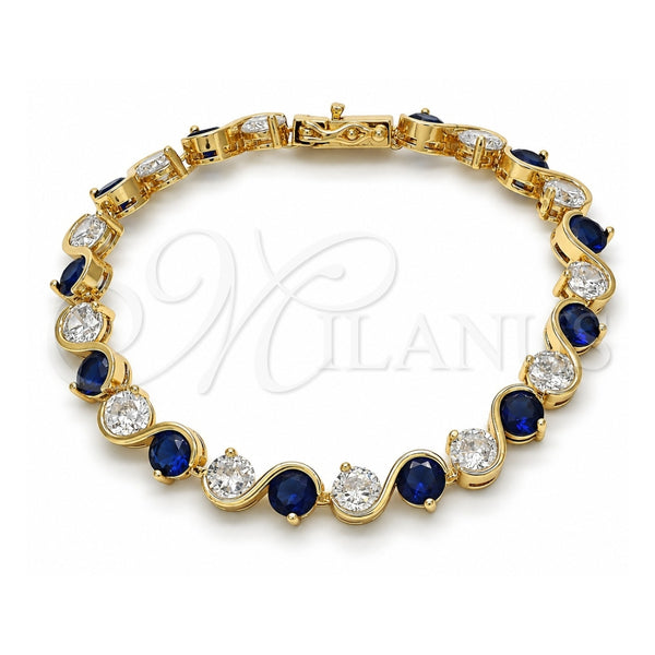 Oro Laminado Tennis Bracelet, Gold Filled Style Box Lock Design, with Sapphire Blue and White Cubic Zirconia, Polished, Golden Finish, 03.210.0068.4.08 (07 MM Thickness, 8 Inches Length)
