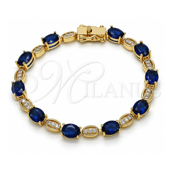Oro Laminado Tennis Bracelet, Gold Filled Style Box Lock Design, with Sapphire Blue and White Cubic Zirconia, Polished, Golden Finish, 03.210.0069.4.08 (06 MM Thickness, 8 Inches Length)