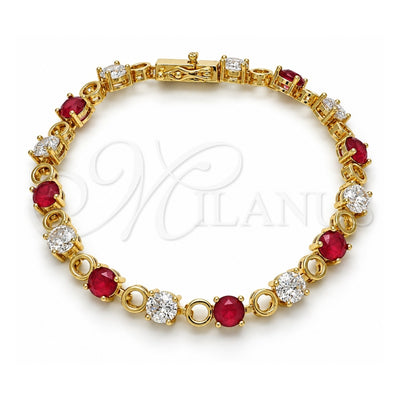 Oro Laminado Tennis Bracelet, Gold Filled Style Box Lock Design, with Ruby and White Cubic Zirconia, Polished, Golden Finish, 03.210.0070.2.08 (06 MM Thickness, 8 Inches Length)