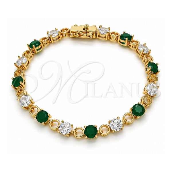 Oro Laminado Tennis Bracelet, Gold Filled Style Box Lock Design, with Green and White Cubic Zirconia, Polished, Golden Finish, 03.210.0070.3.08 (06 MM Thickness, 8 Inches Length)