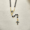Oro Laminado Thin Rosary, Gold Filled Style Virgen Maria and Cross Design, with Black Azavache, Black Enamel Finish, Golden Finish, 09.02.0038.18