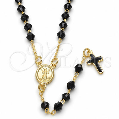 Oro Laminado Thin Rosary, Gold Filled Style Divino NiÃ±o and Cross Design, with Black Azavache, Black Enamel Finish, Golden Finish, 09.02.0039.18