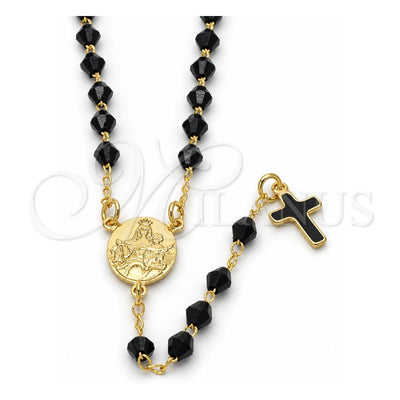 Oro Laminado Thin Rosary, Gold Filled Style Caridad del Cobre and Cross Design, with Black Azavache, Black Enamel Finish, Golden Finish, 09.02.0039.2.18