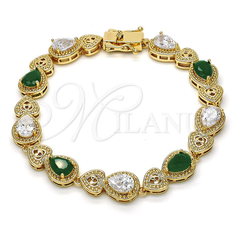Oro Laminado Tennis Bracelet, Gold Filled Style Heart and Teardrop Design, with Green and White Cubic Zirconia, Polished, Golden Finish, 03.210.0072.3.08 (09 MM Thickness, 8 Inches Length)
