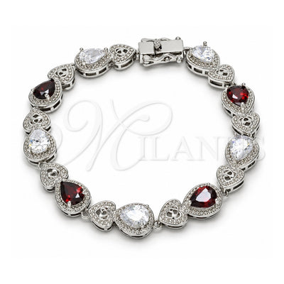 White Gold Filled Tennis Bracelet, Heart and Teardrop Design, with Garnet and White Cubic Zirconia, Polished, Rhodium Finish, 03.210.0072.6.08 (09 MM Thickness, 8 Inches Length)