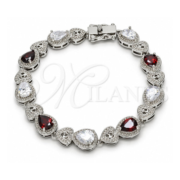 White Gold Filled Tennis Bracelet, Heart and Teardrop Design, with Garnet and White Cubic Zirconia, Polished, Rhodium Finish, 03.210.0072.6.08 (09 MM Thickness, 8 Inches Length)