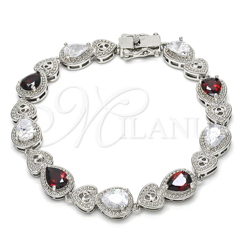 Rhodium Plated Tennis Bracelet, Heart and Teardrop Design, with Garnet and White Cubic Zirconia, Polished, Rhodium Finish, 03.210.0072.6.08 (09 MM Thickness, 8 Inches Length)
