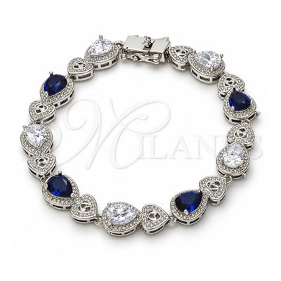 White Gold Filled Tennis Bracelet, Heart and Teardrop Design, with Sapphire Blue and White Cubic Zirconia, Polished, Rhodium Finish, 03.210.0072.8.08 (09 MM Thickness, 8 Inches Length)