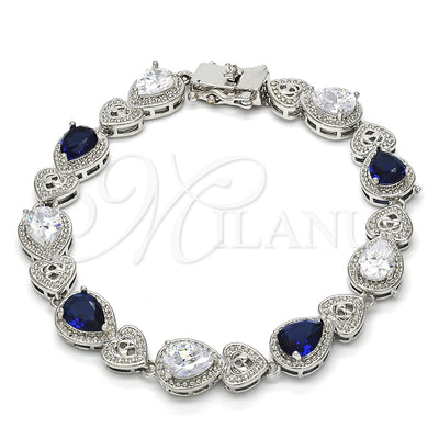 Rhodium Gold Filled Tennis Bracelet, Heart and Teardrop Design, with Sapphire Blue and White Cubic Zirconia for wholesale, main product view