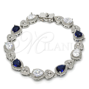 Rhodium Gold Filled Tennis Bracelet, Heart and Teardrop Design, with Sapphire Blue and White Cubic Zirconia, Polished, Rhodium Finish, 03.210.0072.8.08 (09 MM Thickness, 8 Inches Length)